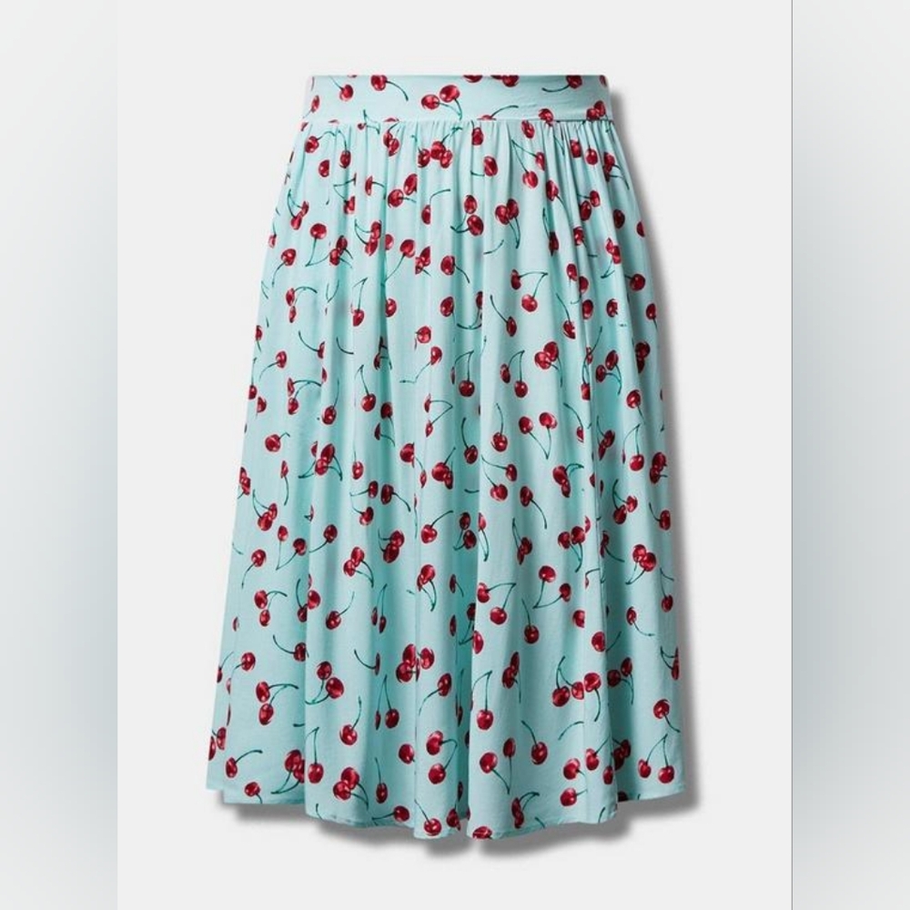 🍒 Torrid Pinup Retro Cherry Midi Challis Pull-On A-Line Skirt Size Large